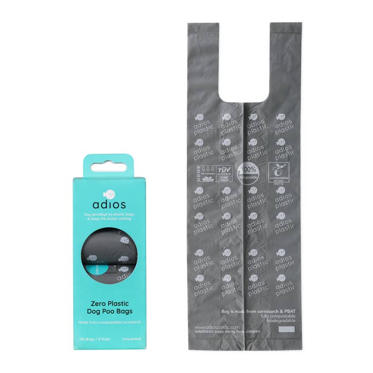 Adios Compostable Poop Bags with Handles - Grey / 8 Rolls / 120 Bags