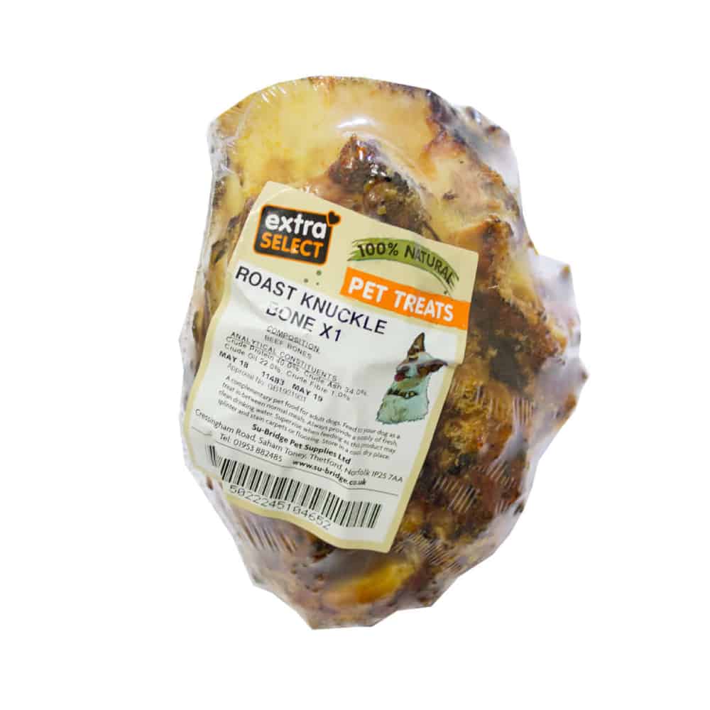 Extra Select roast knuckle pork bone in clear wrapping with a white and green product label.