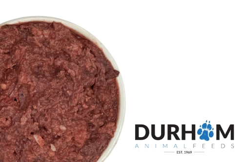 Durham Animal Feeds Beef & Blueberry Mince - raw food pictured in a bowl beside Durham branding.