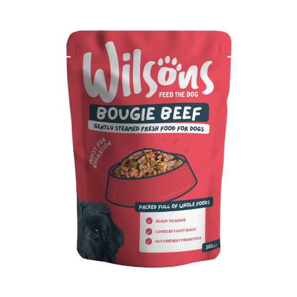 Wilsons Bougie Beef fresh dog food in a red 380g pouch.
