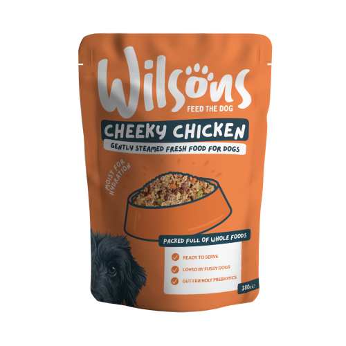 Wilsons Cheeky Chicken fresh dog food in an orange 380g pouch.