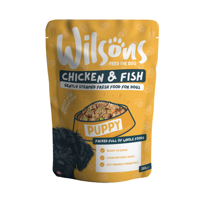 Wilsons Chicken & Fish fresh puppy food in a yellow 380g pouch.
