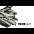 Durham Animal Feeds Sprats – 1kg - whole raw fish beside the Durham Animal Feeds logo.