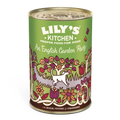 Lily’s Kitchen An English Garden Party 400g tin with a light green label and illustrated flowers and vegetables.