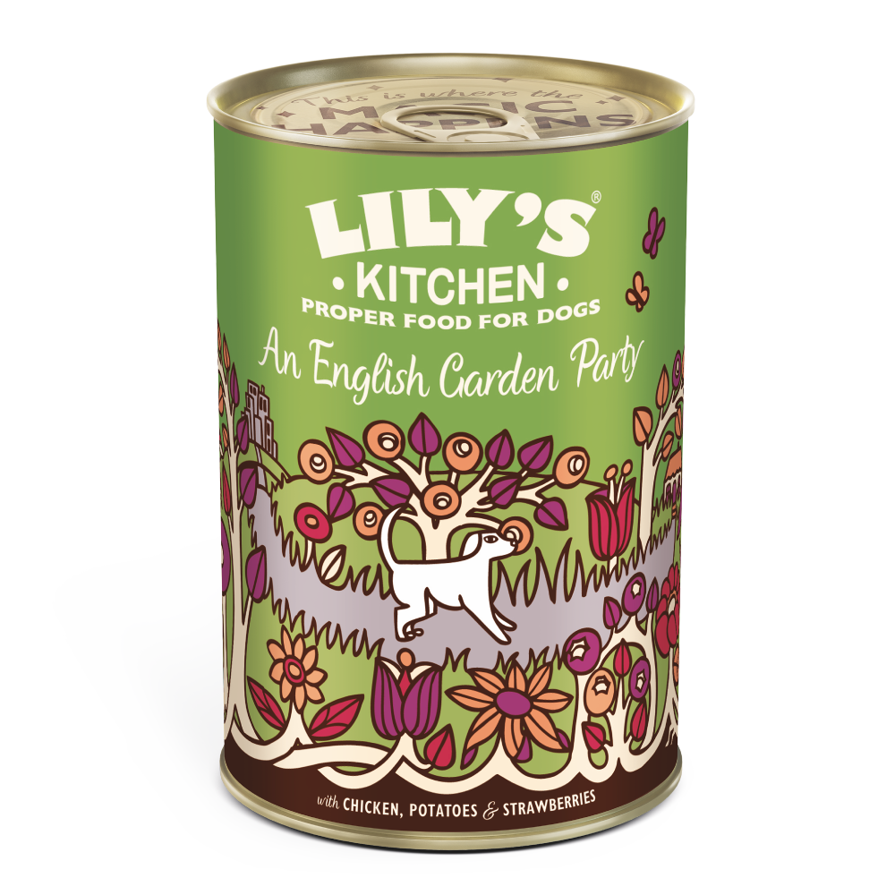Lily’s Kitchen An English Garden Party 400g tin with a light green label and illustrated flowers and vegetables.