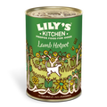 Lily’s Kitchen Lamb Hotpot 400g tin with a green label and colourful hand-drawn flowers and sheep.