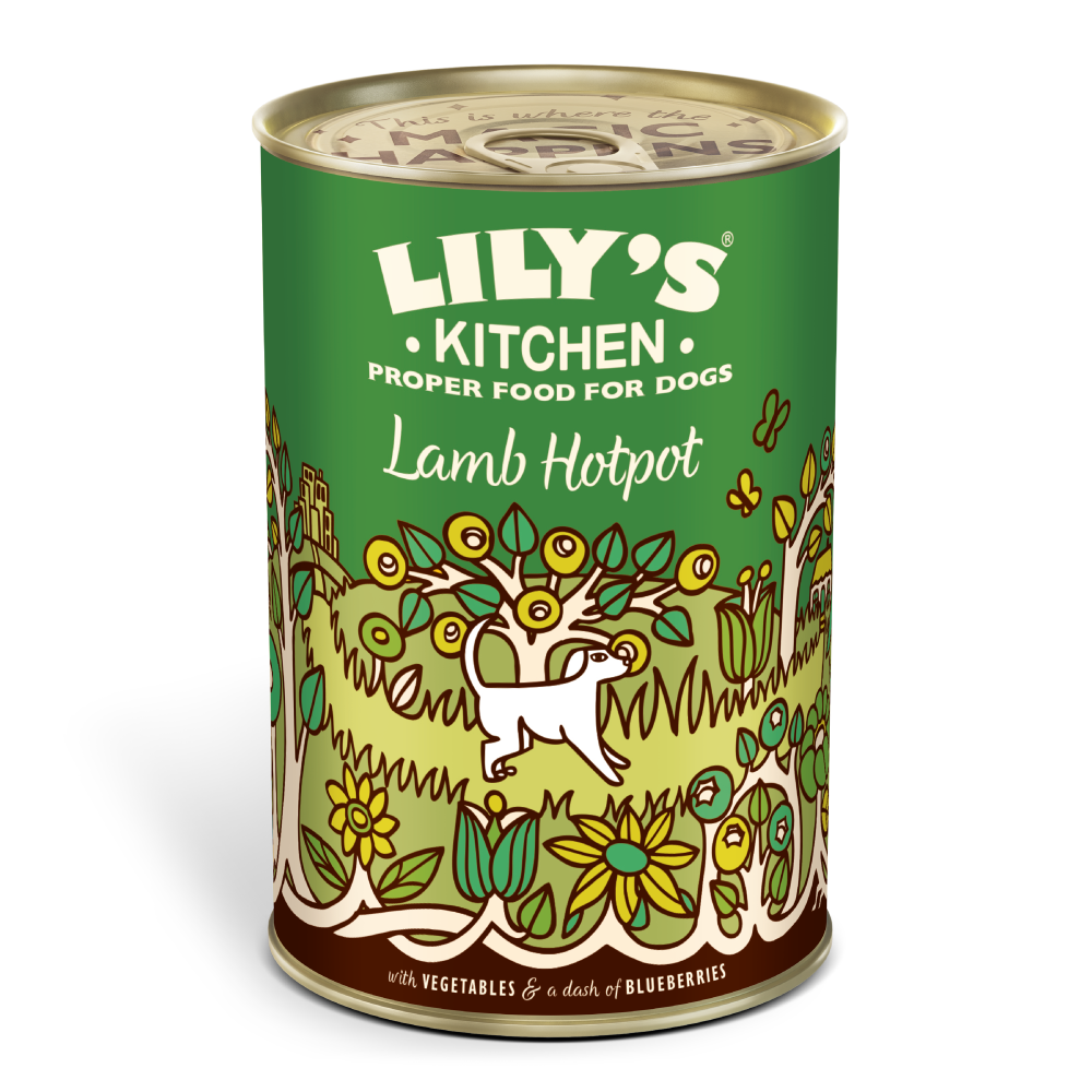 Lily’s Kitchen Lamb Hotpot 400g tin with a green label and colourful hand-drawn flowers and sheep.