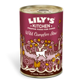 Lily’s Kitchen Wild Campfire Stew 400g tin with a burgundy label and illustrated flowers, leaves and deer.
