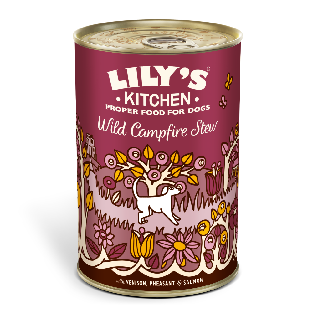 Lily’s Kitchen Wild Campfire Stew 400g tin with a burgundy label and illustrated flowers, leaves and deer.
