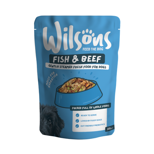 Wilsons Fish & Beef fresh dog food in a blue 380g pouch.