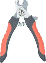 Close-up of Rosewood large nail clippers showing metal blades and red and black handles.