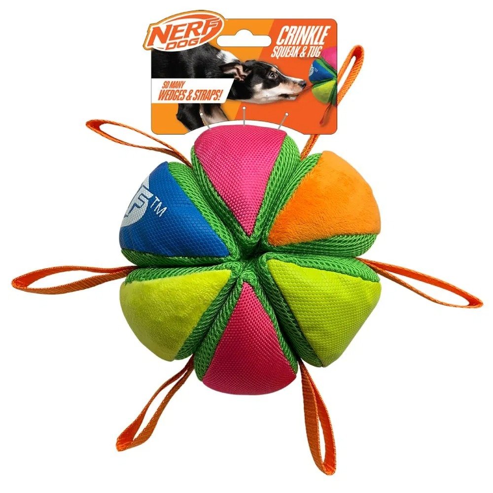 Nerf Dog Plush Squeak and Crunch Wedge Ball with Straps - 5.9in