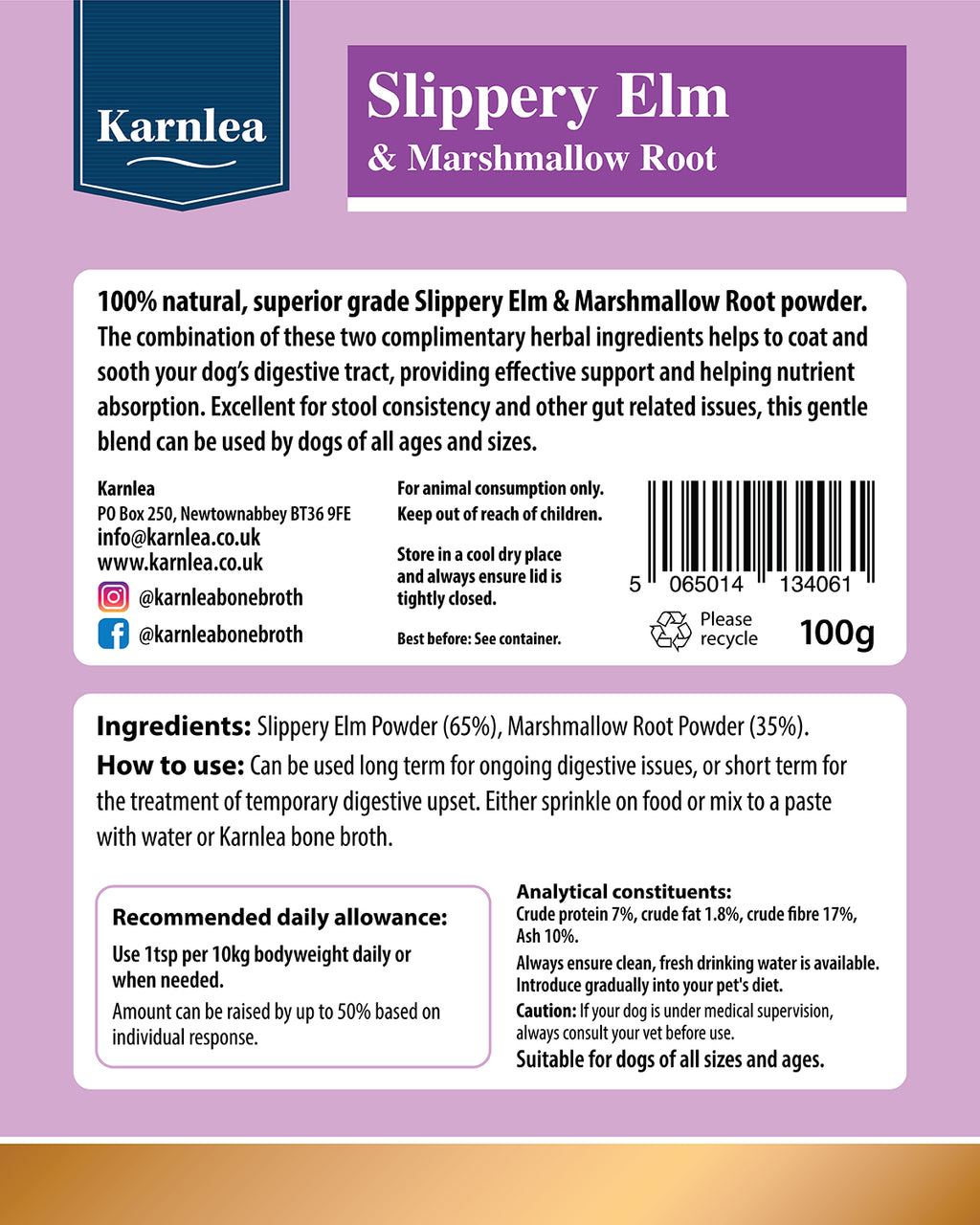 Karnlea Slippery Elm & Marshmallow Root Powder for Dogs and Cats - 100g