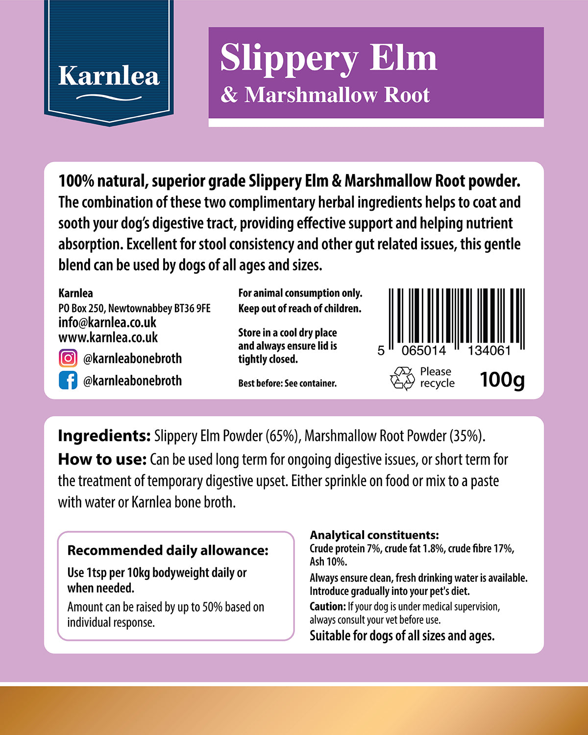 Karnlea Slippery Elm & Marshmallow Root Powder for Dogs and Cats - 100g