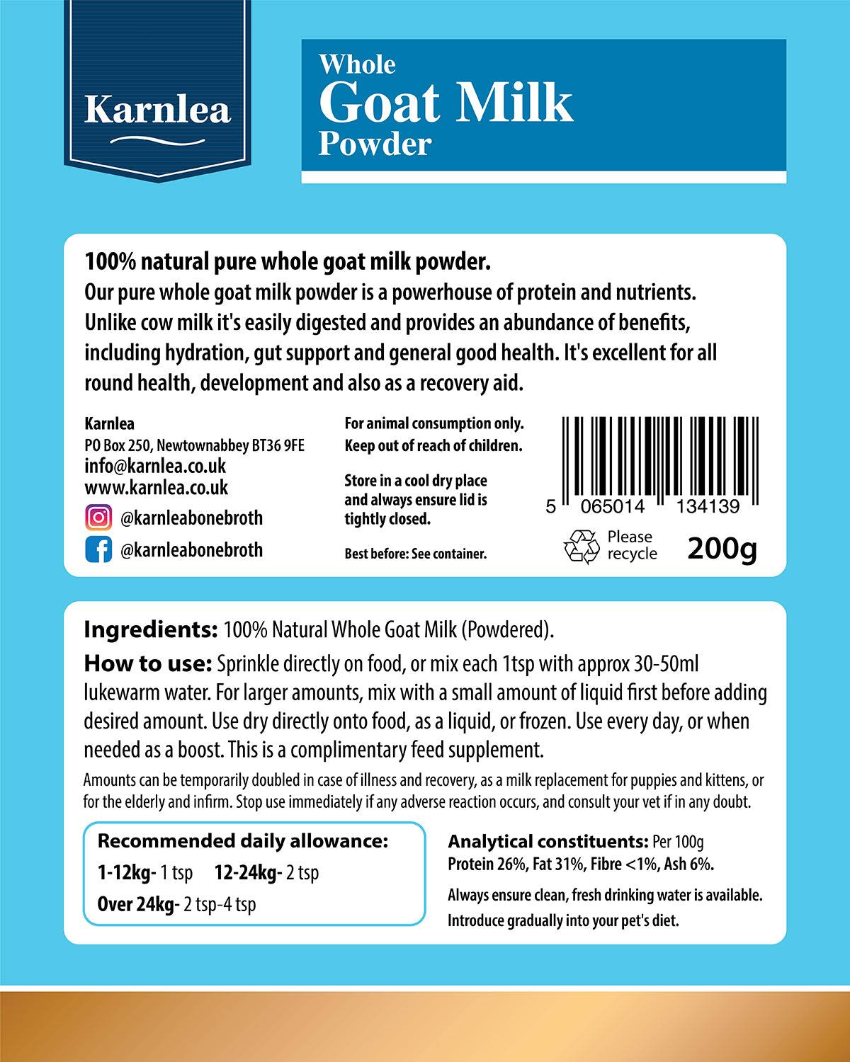 Karnlea Goat Milk Powder for Dogs and Cats - 200g