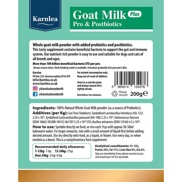 Karnlea Goat Milk Plus Pro & Postbiotics Powder for Dogs and Cats - 200g