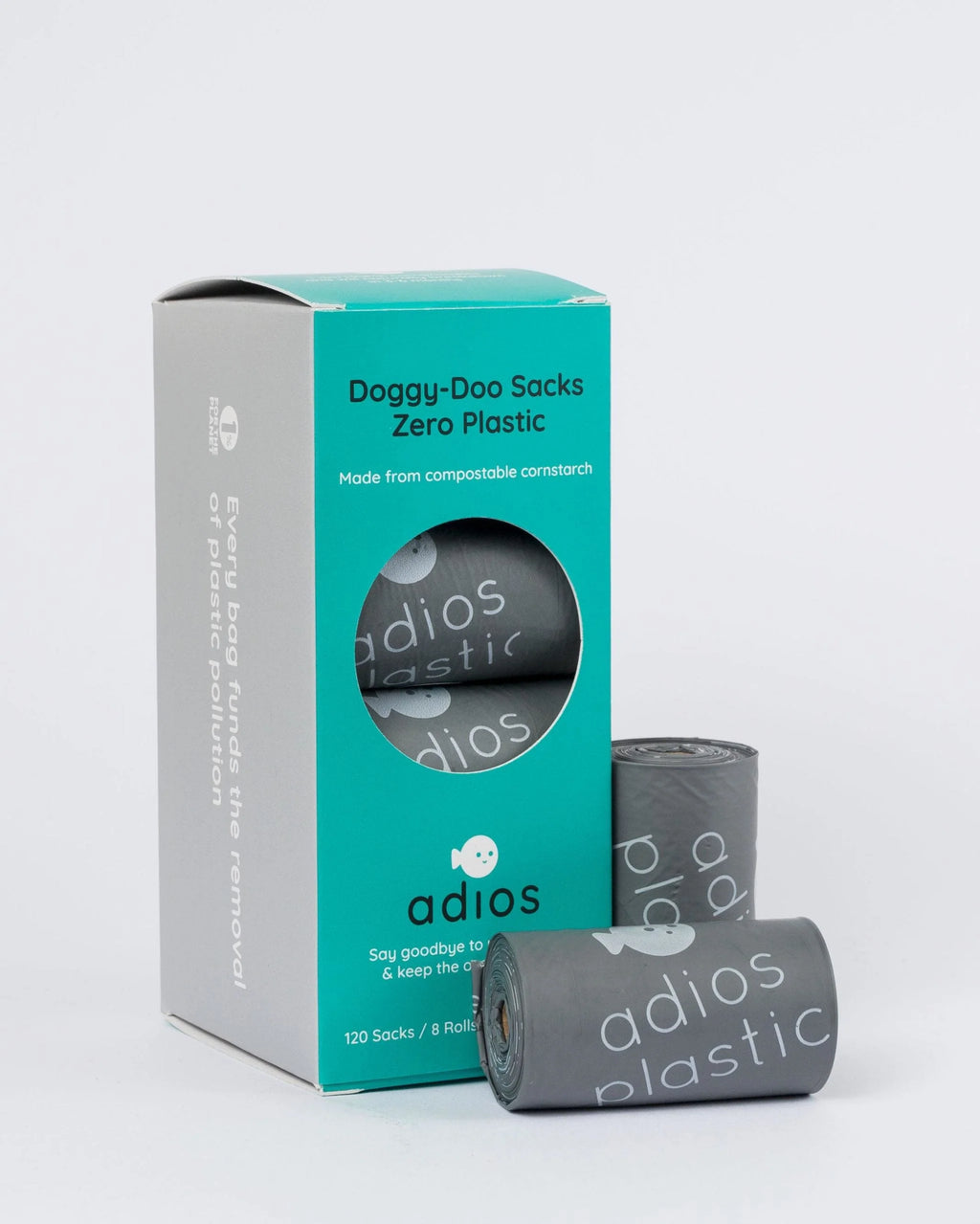 Adios Compostable Poop Bags with Handles - Grey / 8 Rolls / 120 Bags
