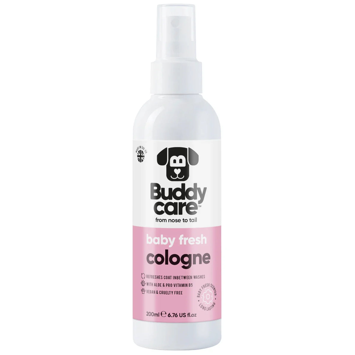 Buddycare Baby Fresh Dog Cologne in a white spray bottle with a pale pink label.