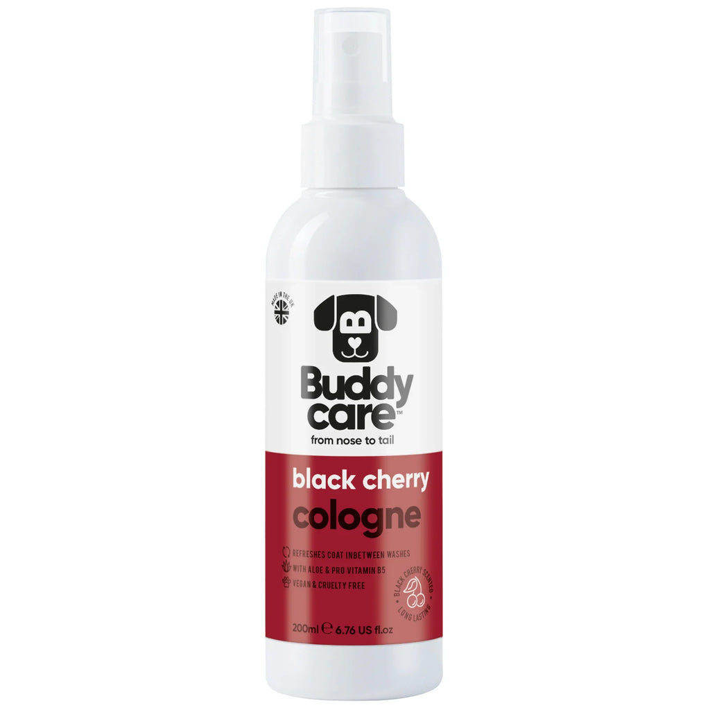 Buddycare Black Cherry Dog Cologne in a white spray bottle with a dark pink label.