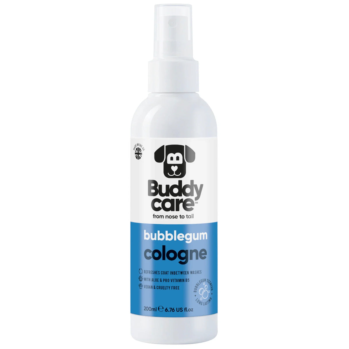 Buddycare Bubblegum Dog Cologne in a white spray bottle with a blue label.