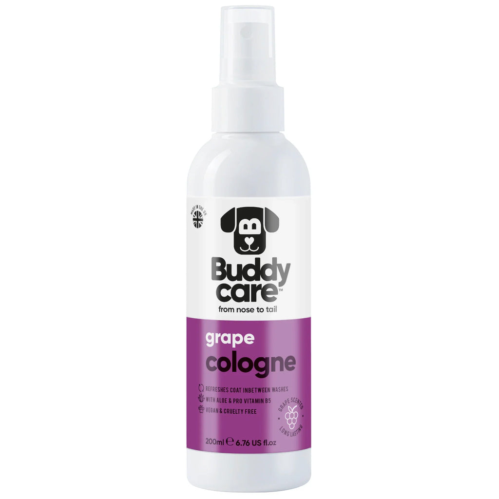 Buddycare Grape Dog Cologne in a white spray bottle with a purple label.