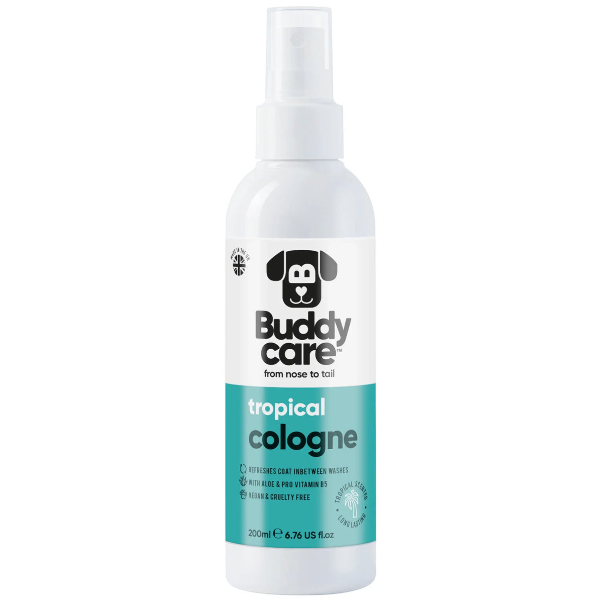 Buddycare Tropical Dog Cologne in a white spray bottle with a turquoise label.