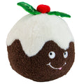 Ancol Bouncing Colin Junior Christmas pudding dog toy with a round brown body, white icing, holly leaves and a smiling face.