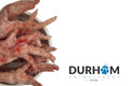 Durham Animal Feeds Chicken Feet – 1kg - raw pieces beside the Durham Animal Feeds logo.