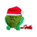 House of Paws plush green Brussels sprout dog toy wearing a red Santa hat, with a red and white rope tug.
