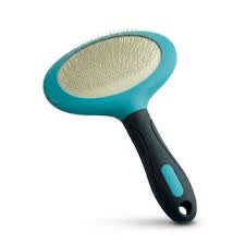 Large M-PETS Hairdo slicker brush showing its turquoise oval head, fine pins and black handle.