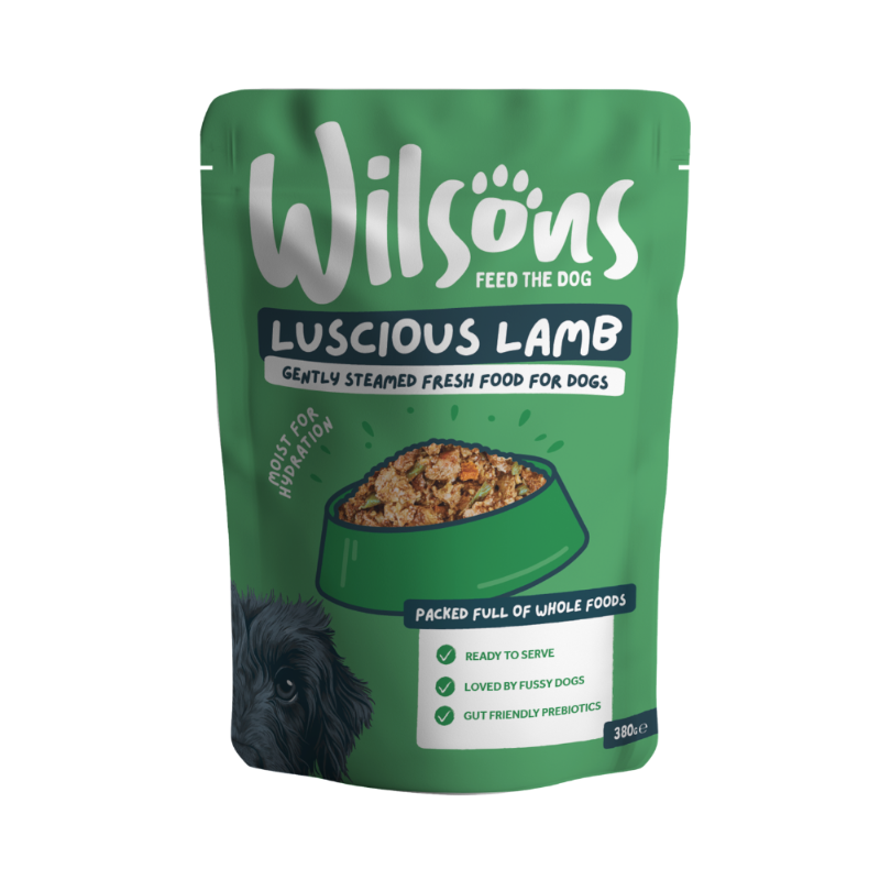 Wilsons Luscious Lamb fresh dog food in a green 380g pouch.