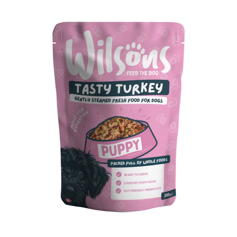 Wilsons Tasty Turkey fresh puppy food in a pink 380g pouch.