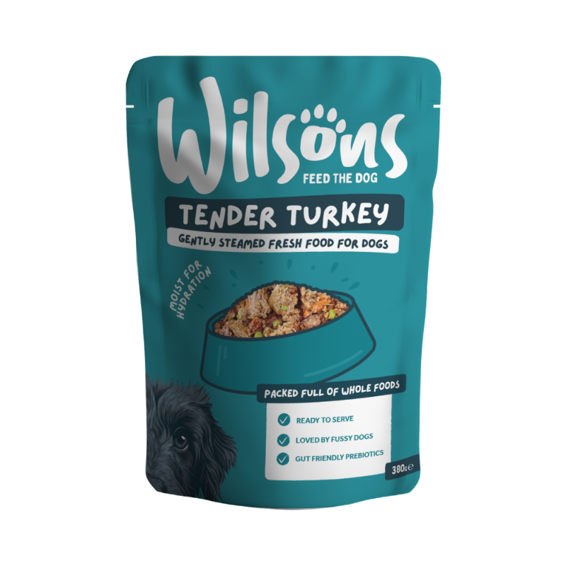 Wilsons Tender Turkey fresh dog food in a teal 380g pouch.