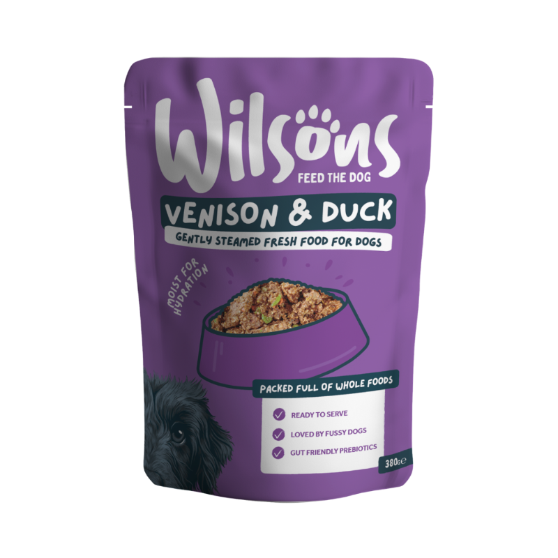 Wilsons Venison & Duck fresh dog food in a purple 380g pouch.