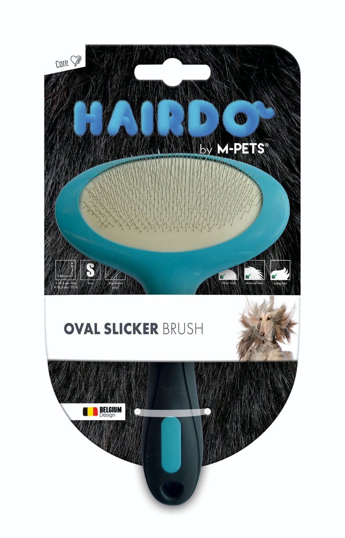 Small M-PETS Hairdo oval slicker brush with a turquoise head and black handle in packaging marked S.