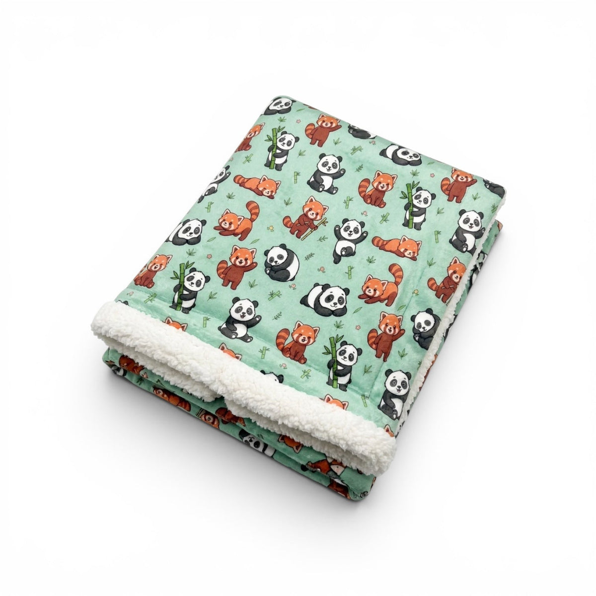 Panda Paradise printed dog blanket with white sherpa backing by Pup Chic Boutique
