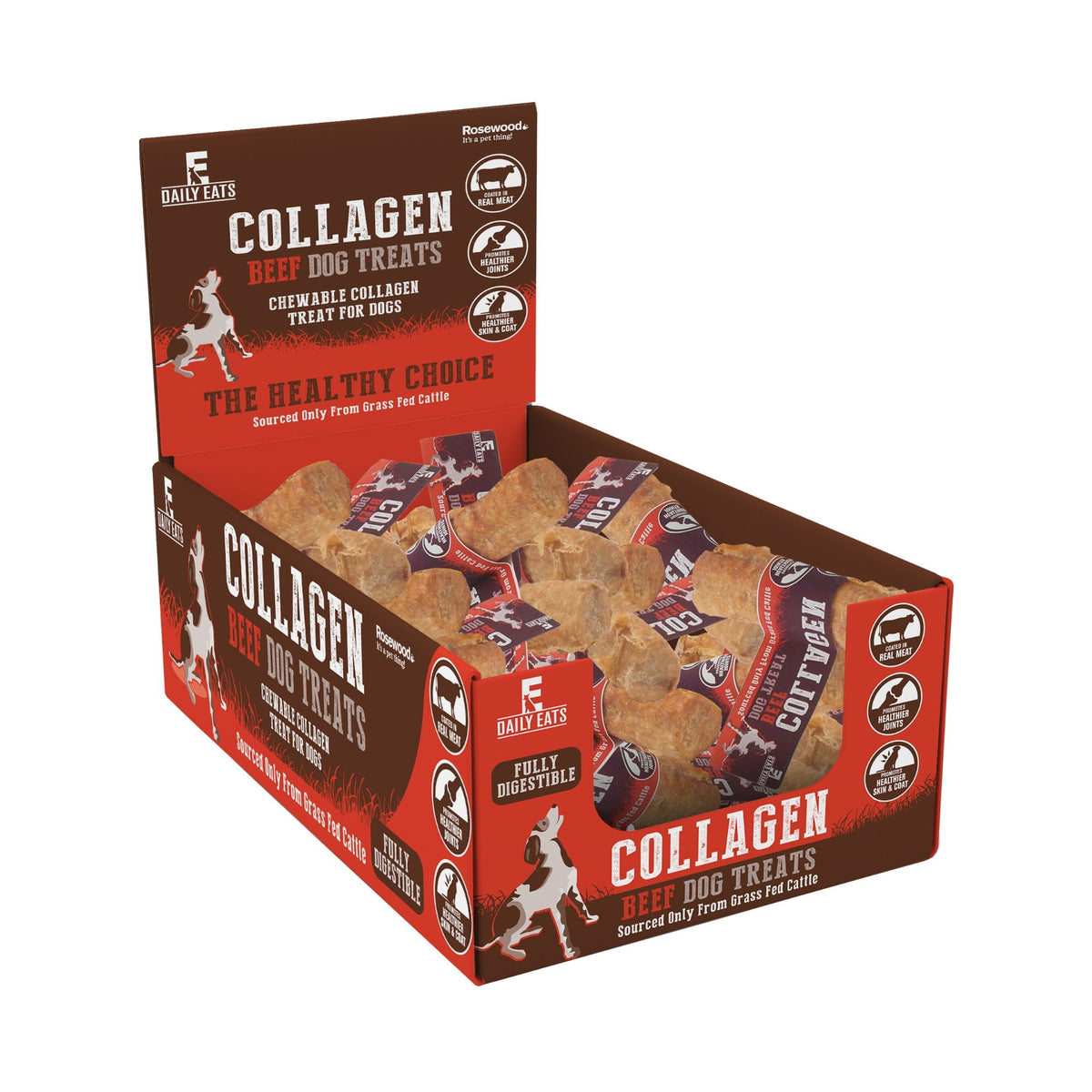 Rosewood Daily Eats display box of beef collagen retriever rolls; sold as one 55g roll.